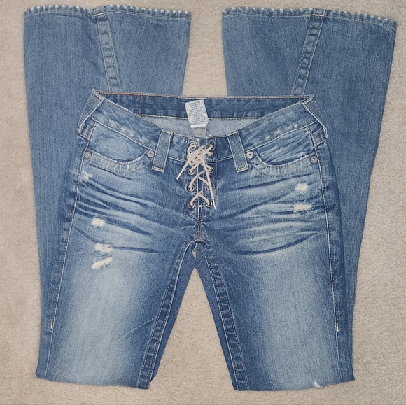 True Religion Lace-Up Cassidy Jean sz 26 x 35 long length Extrawide Leg Opening - Picture 9 of 12
